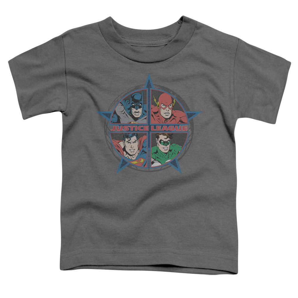 Justice League Four Heroes Toddler Kids Youth T Shirt Charcoal Officially Licensed