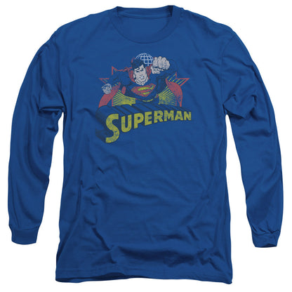 Justice League Of America Superman Rough Distress Mens Long Sleeve Shirt Royal Blue Officially Licensed