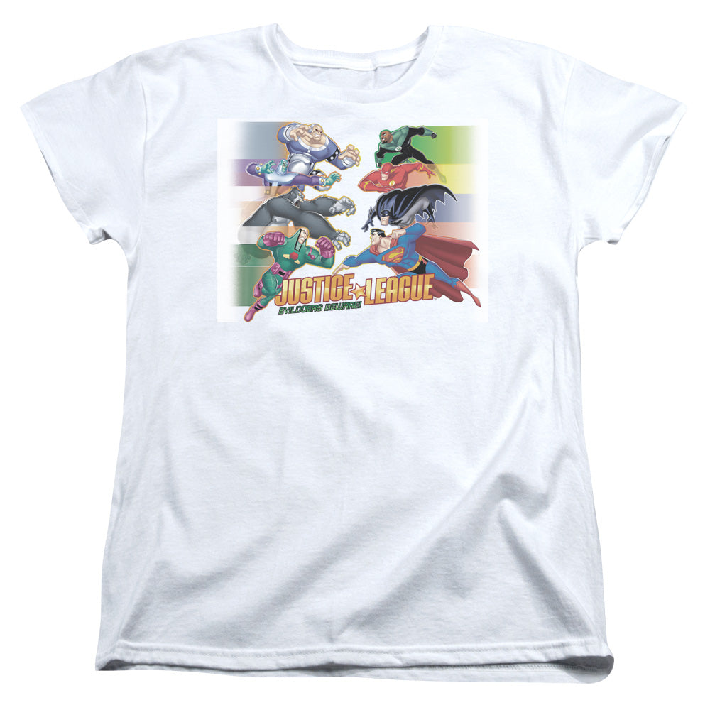 Justice League Evildoers Beware Womens T Shirt White Officially Licensed