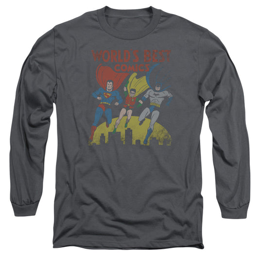 Justice League Worlds Best Mens Long Sleeve Shirt Charcoal Officially Licensed