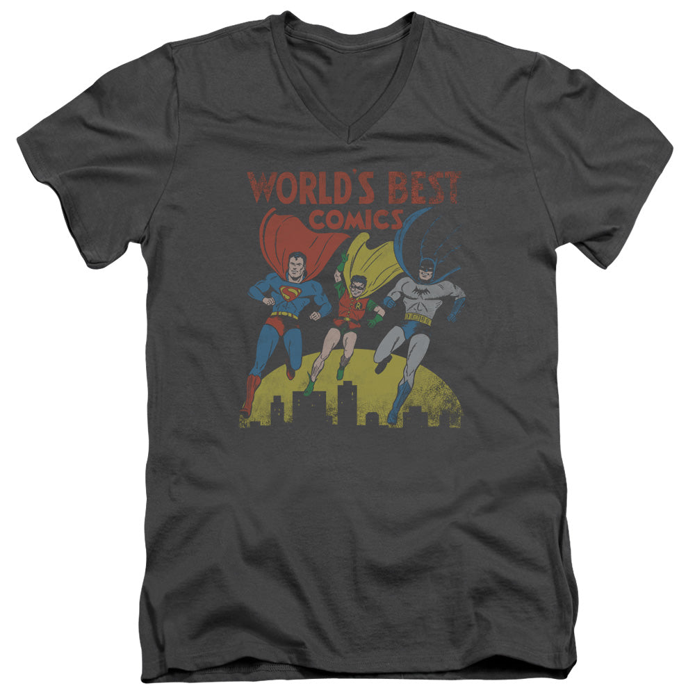 Justice League Worlds Best Mens Slim Fit V-Neck T Shirt Charcoal Officially Licensed