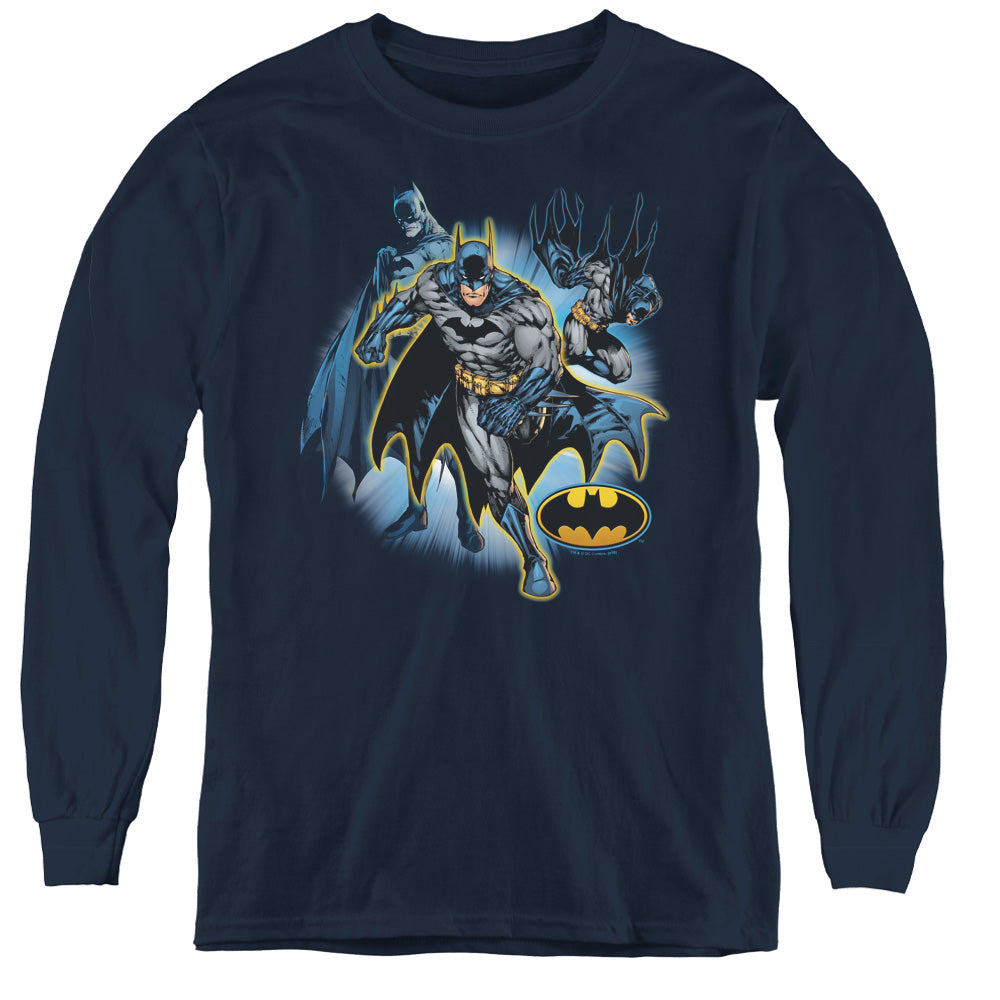 Justice League Batman Collage Long Sleeve Kids Youth T Shirt Navy Blue Blue Officially Licensed