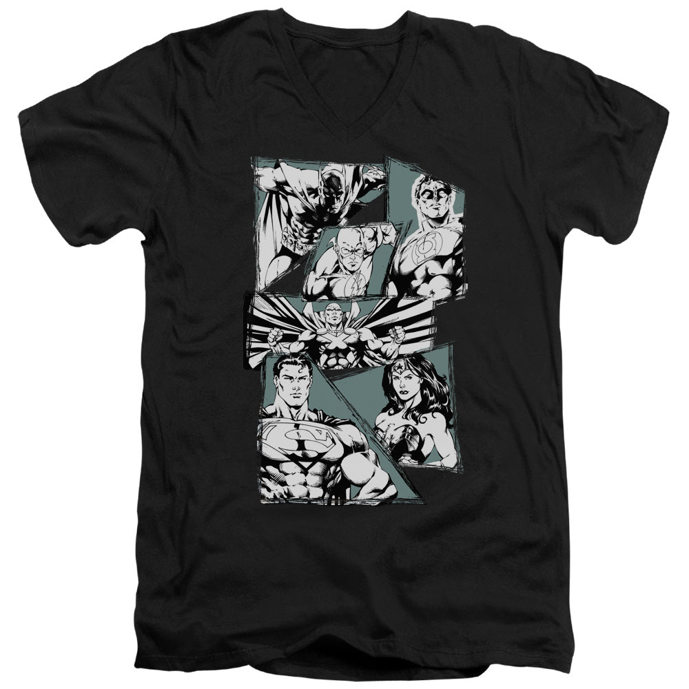 Justice League a Mighty League Mens Slim Fit V-Neck T Shirt Black Officially Licensed