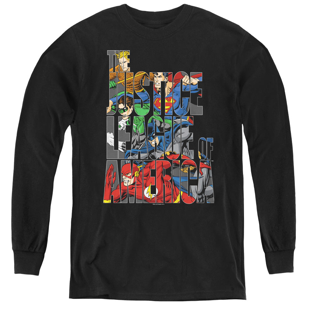 Justice League Lettered League Long Sleeve Kids Youth T Shirt Black Officially Licensed