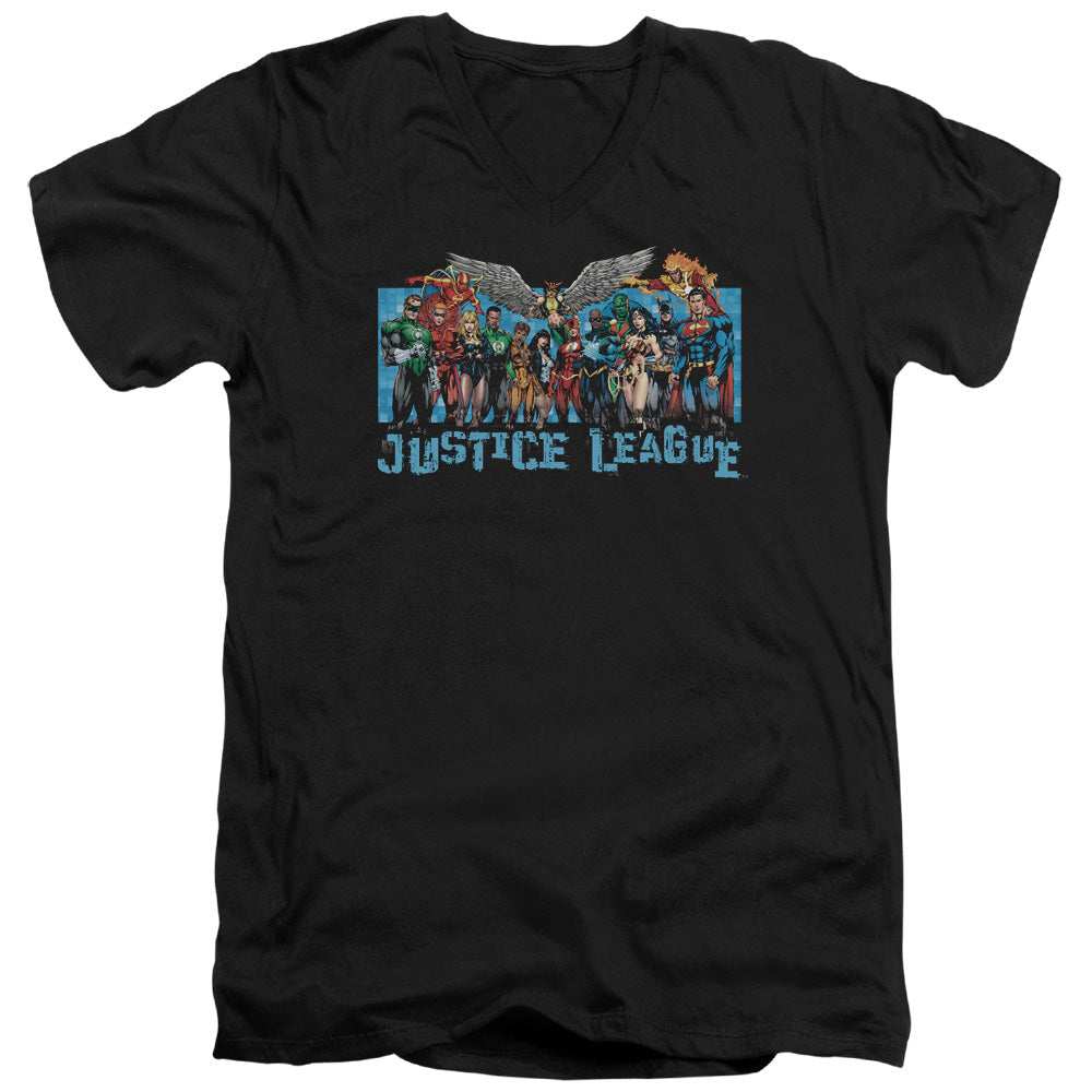 Justice League League Lineup Mens Slim Fit V-Neck T Shirt Black Officially Licensed