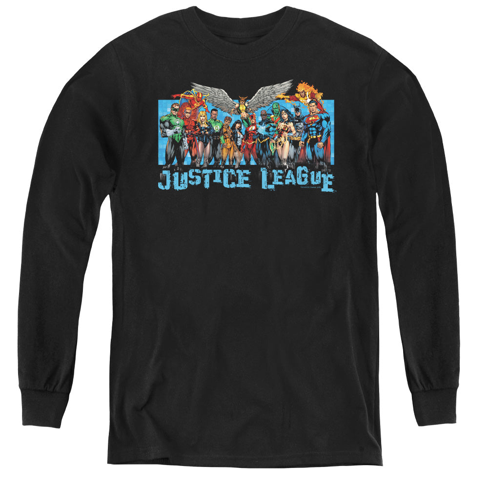 Justice League League Lineup Long Sleeve Kids Youth T Shirt Black Officially Licensed