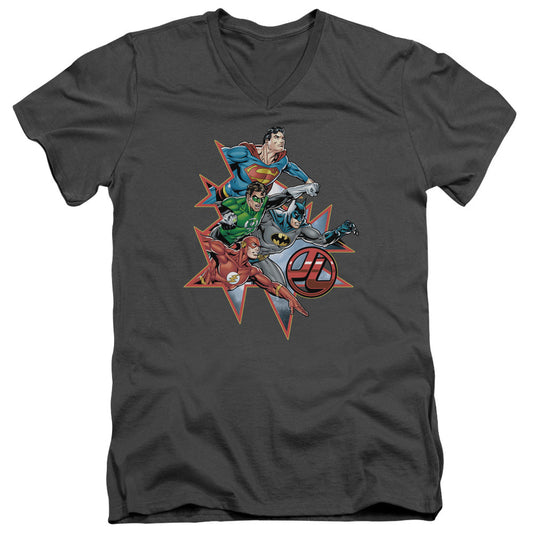 Justice League Starburst Mens Slim Fit V-Neck T Shirt Charcoal Officially Licensed