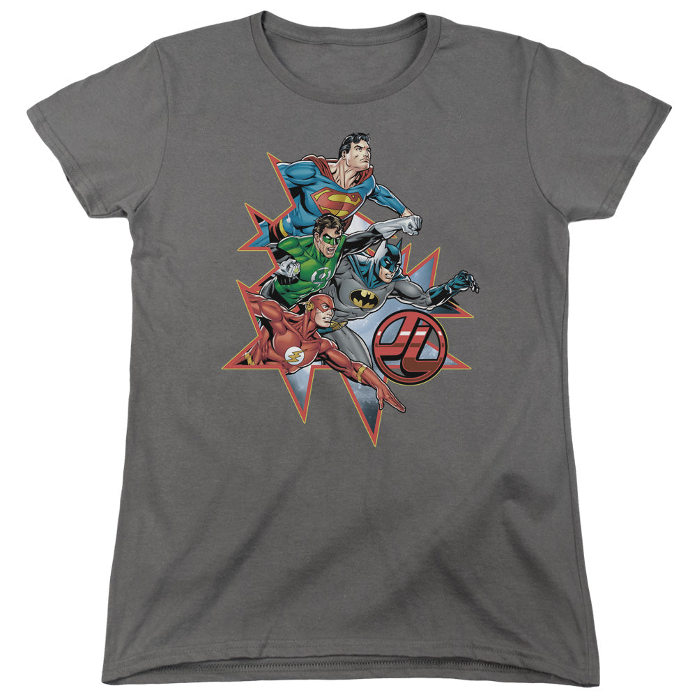 Justice League Starburst Womens T Shirt Charcoal Officially Licensed