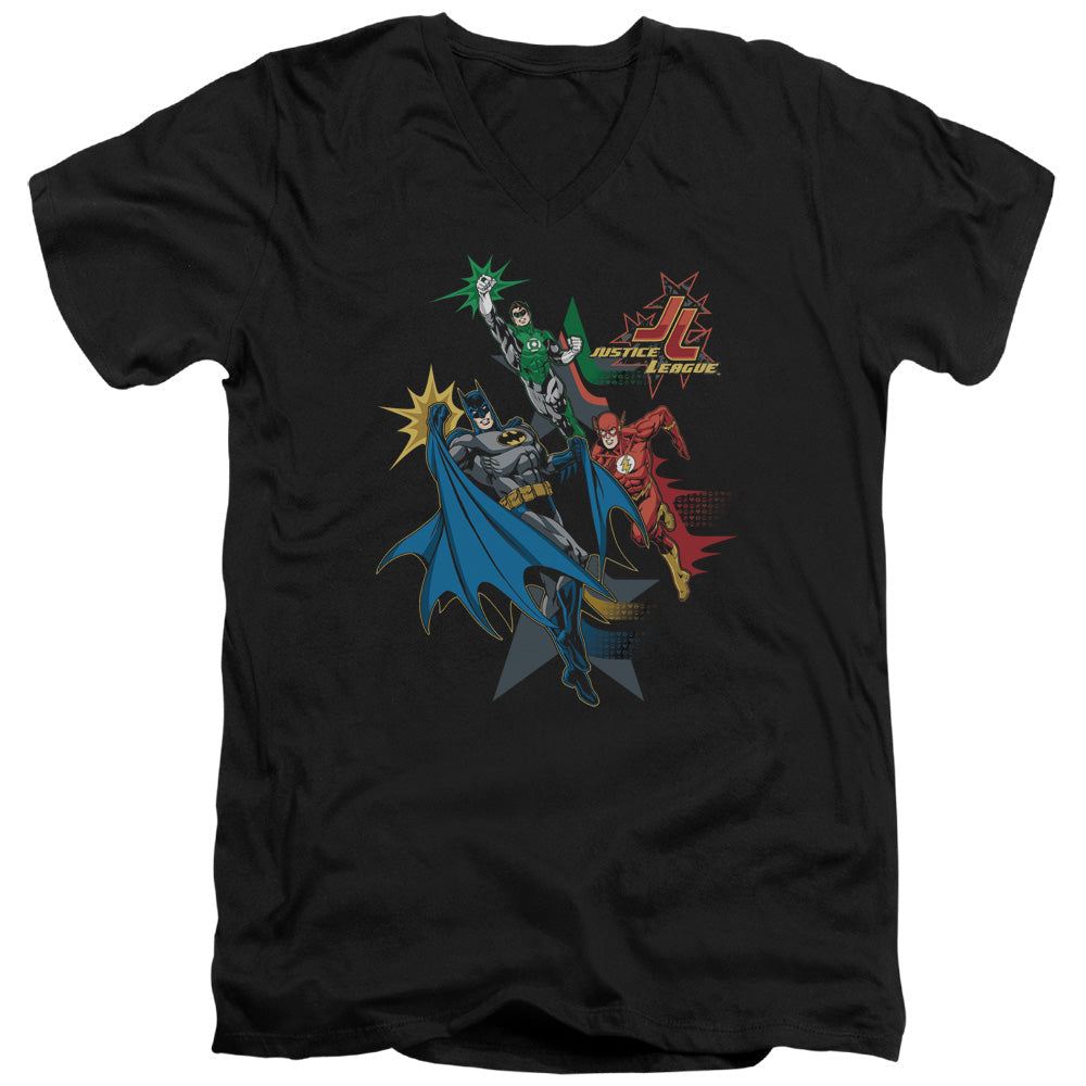 Justice League Action Stars Mens Slim Fit V-Neck T Shirt Black Officially Licensed