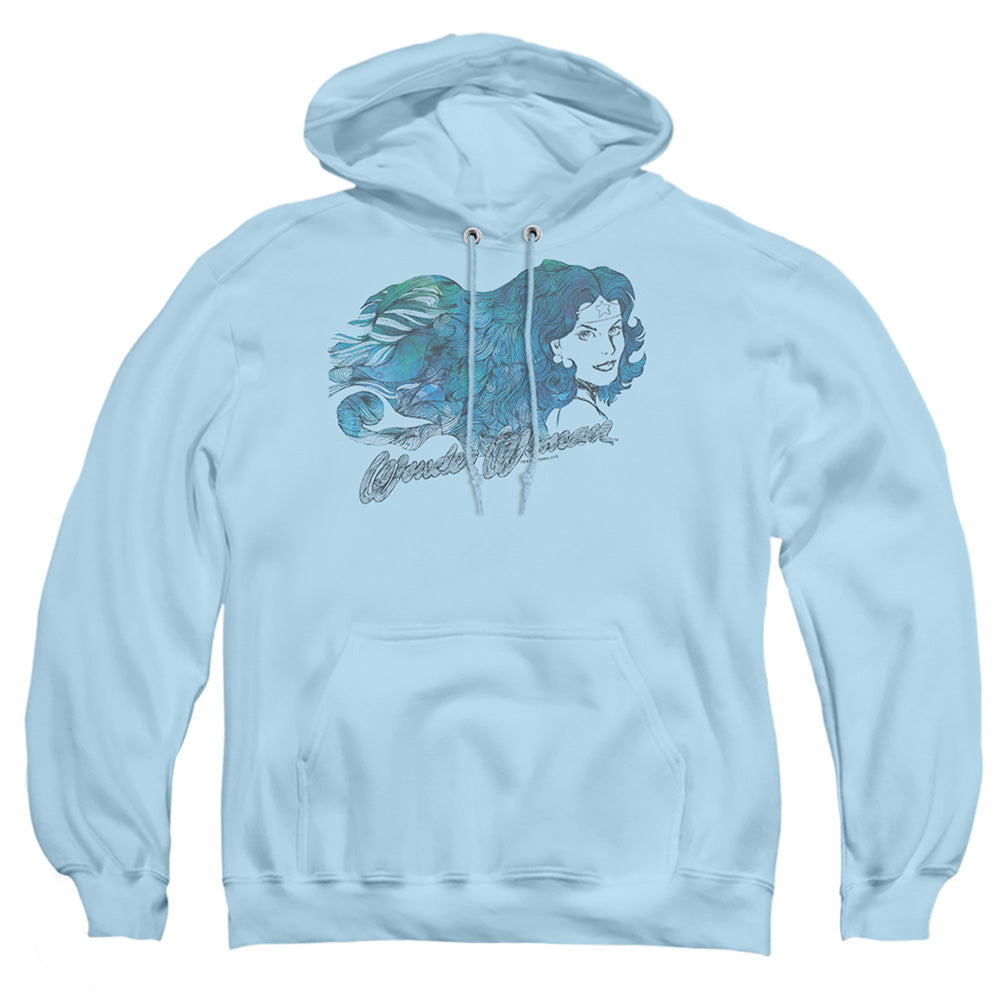 Justice League Of America Watercolor Hair Mens Hoodie Light Blue Officially Licensed