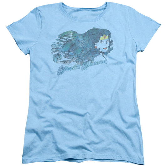 Justice League Watercolor Hair Womens T Shirt Light Blue Officially Licensed