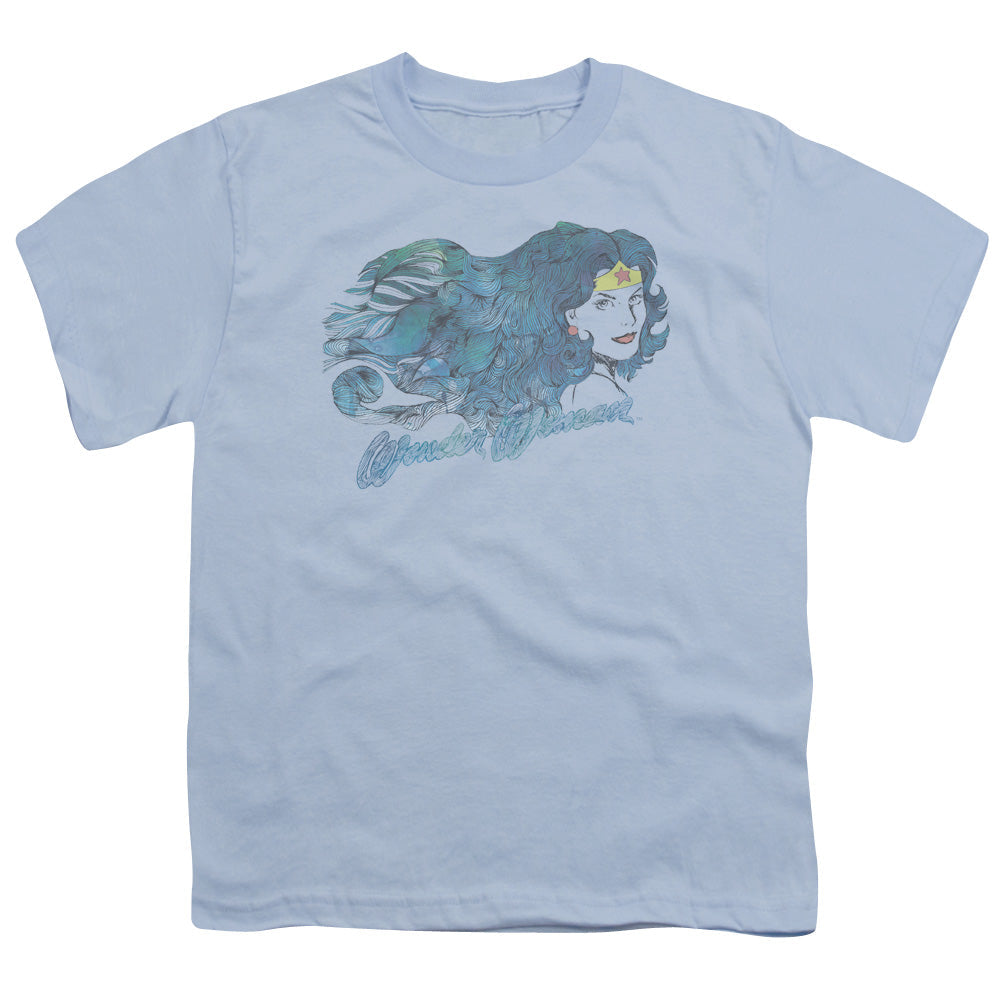Justice League Watercolor Hair Kids Youth T Shirt Light Blue Officially Licensed