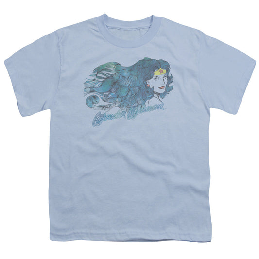Justice League Watercolor Hair Kids Youth T Shirt Light Blue Officially Licensed