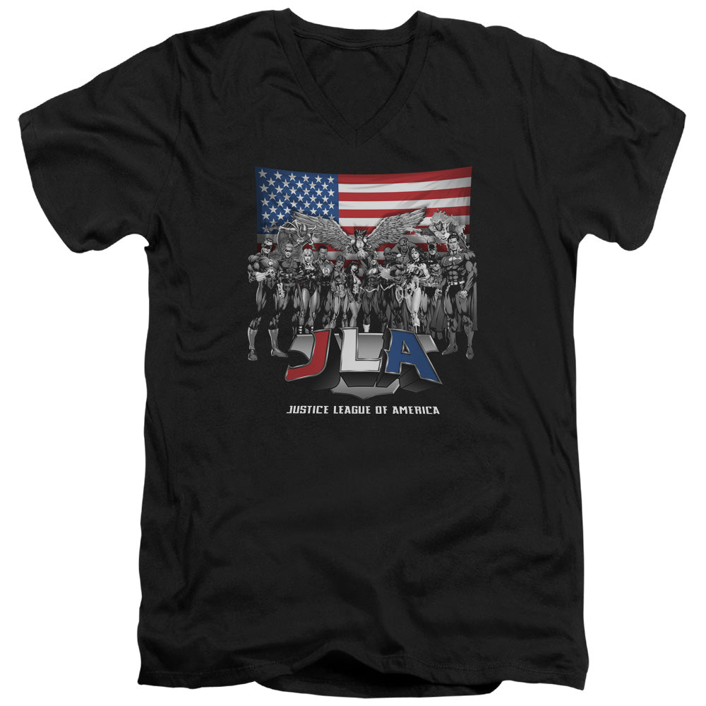 Justice League All American League Mens Slim Fit V-Neck T Shirt Black Officially Licensed