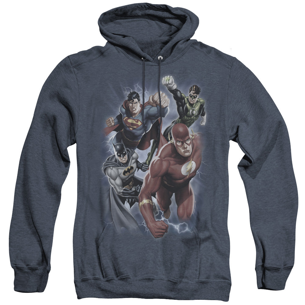 Justice League Storm Chasers Heather Mens Hoodie Navy Blue Blue Officially Licensed