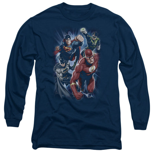 Justice League Storm Chasers Mens Long Sleeve Shirt Navy Blue Blue Officially Licensed