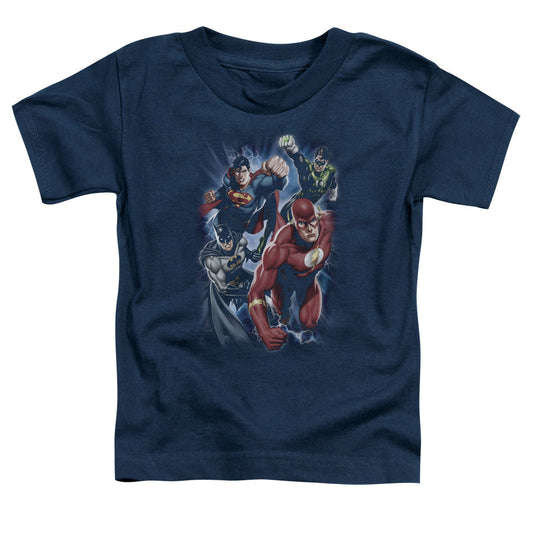 Justice League Storm Chasers Toddler Kids Youth T Shirt Navy Blue Blue Officially Licensed