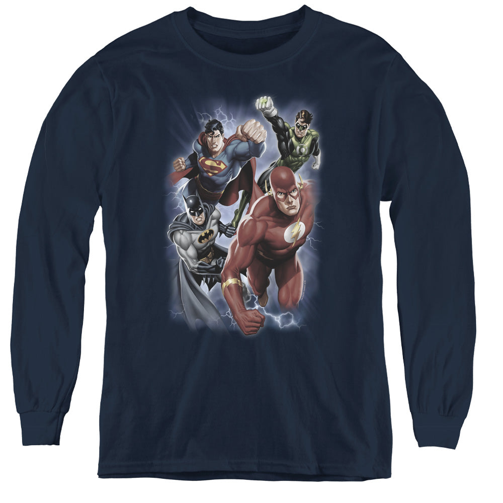 Justice League Storm Chasers Long Sleeve Kids Youth T Shirt Navy Blue Blue Officially Licensed