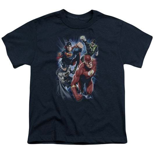 Justice League Storm Chasers Kids Youth T Shirt Navy Blue Blue Officially Licensed