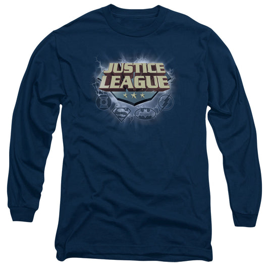 Justice League Storm Logo Mens Long Sleeve Shirt Navy Blue Blue Officially Licensed