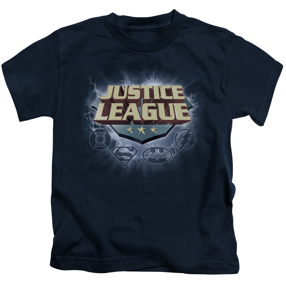 Justice League Storm Logo Juvenile Kids Youth T Shirt Navy Blue Blue Officially Licensed