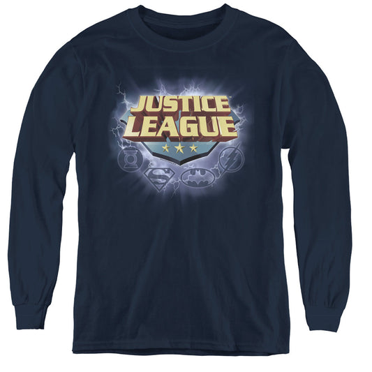 Justice League Storm Logo Long Sleeve Kids Youth T Shirt Navy Blue Blue Officially Licensed