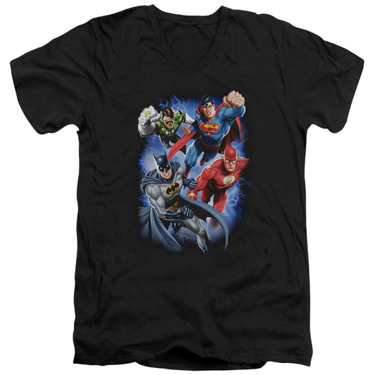 Justice League Storm Makers Mens Slim Fit V-Neck T Shirt Black Officially Licensed