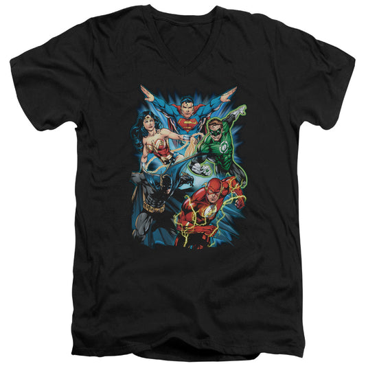 Justice League Jl Assemble Mens Slim Fit V-Neck T Shirt Black Officially Licensed