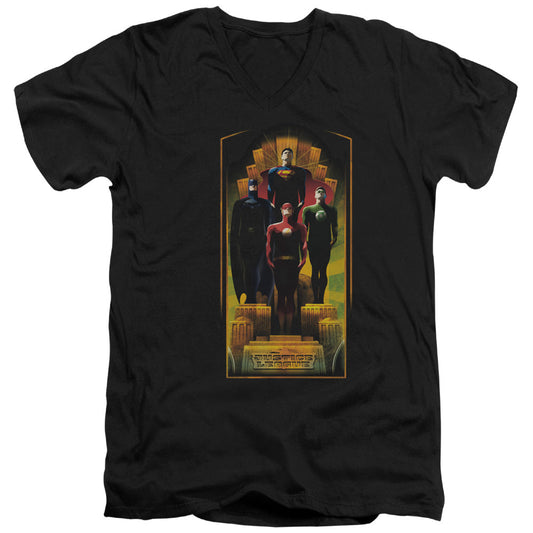 Justice League Deco Mens Slim Fit V-Neck T Shirt Black Officially Licensed