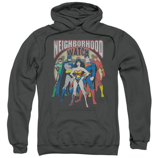 Justice League Neighborhood Watch Mens Hoodie Charcoal Officially Licensed