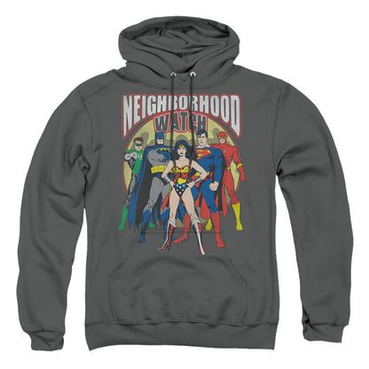 Justice League Of America Neighborhood Watch Mens Hoodie Charcoal Officially Licensed
