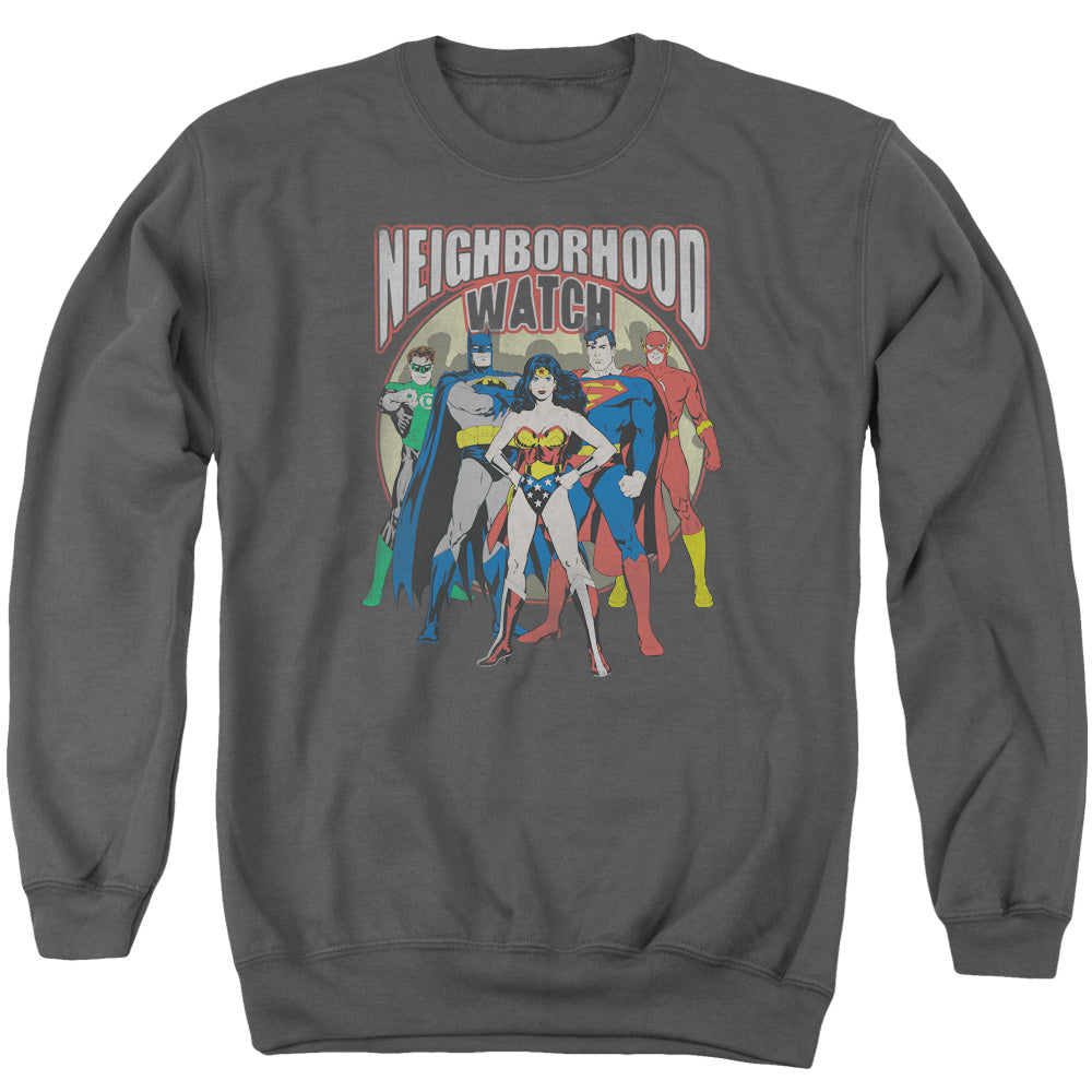 Justice League Of America Neighborhood Watch Mens Crewneck Sweatshirt Charcoal Officially Licensed