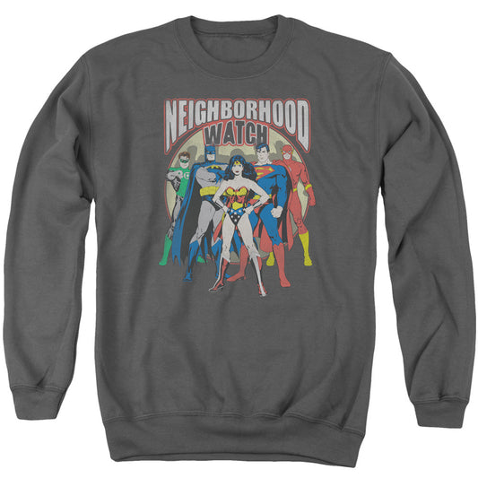 Justice League Neighborhood Watch Mens Crewneck Sweatshirt Charcoal Officially Licensed