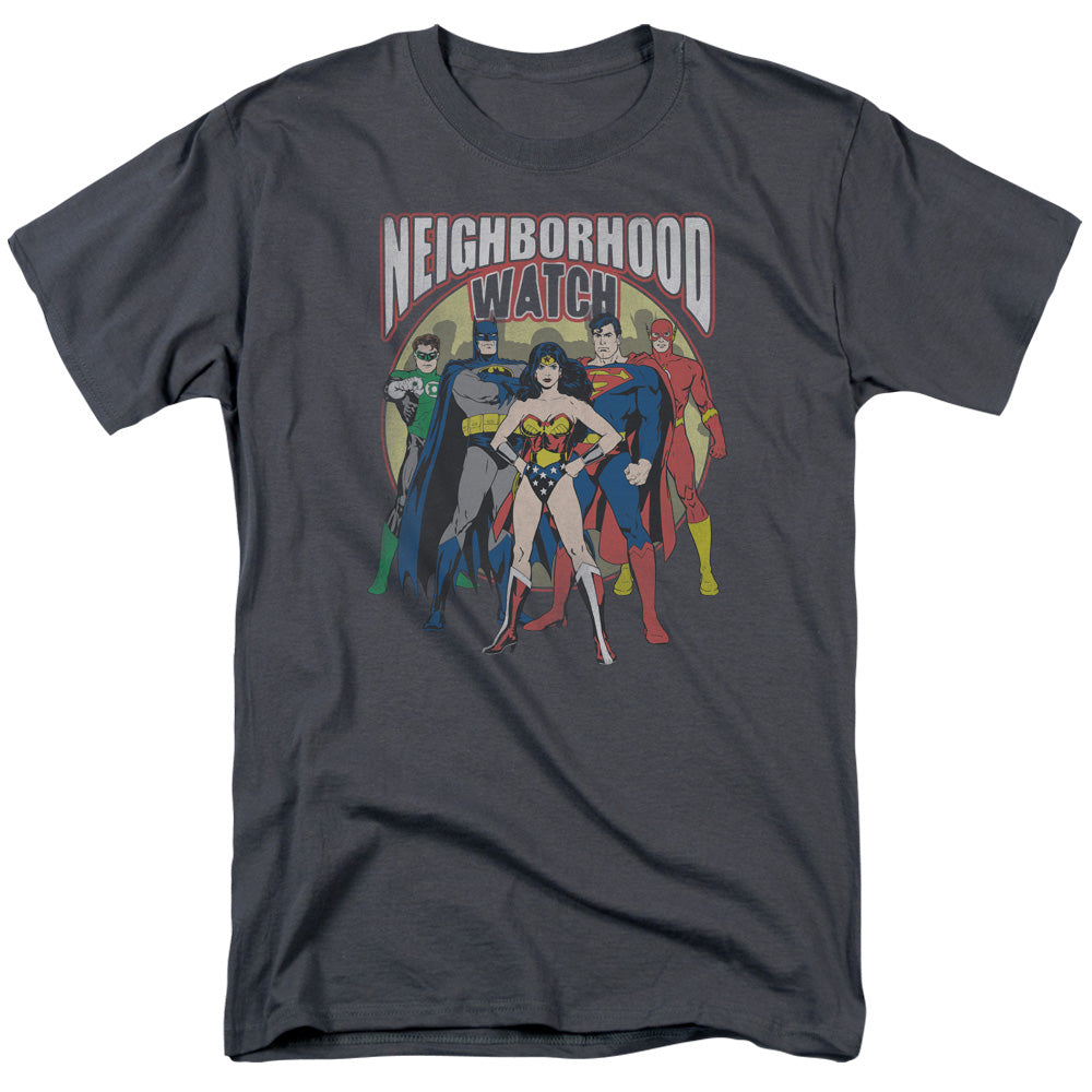 Justice League Of America Neighborhood Watch Mens T Shirt Charcoal Officially Licensed