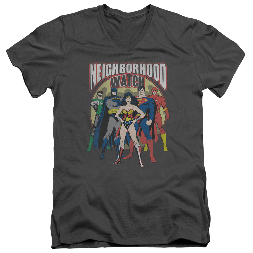 Justice League Neighborhood Watch Mens Slim Fit V-Neck T Shirt Charcoal Officially Licensed