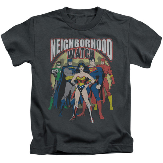 Justice League Neighborhood Watch Juvenile Kids Youth T Shirt Charcoal Officially Licensed
