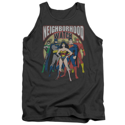 Justice League Neighborhood Watch Mens Tank Top Shirt Charcoal Officially Licensed
