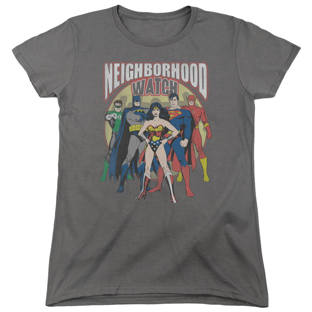 Justice League Neighborhood Watch Womens T Shirt Charcoal Officially Licensed