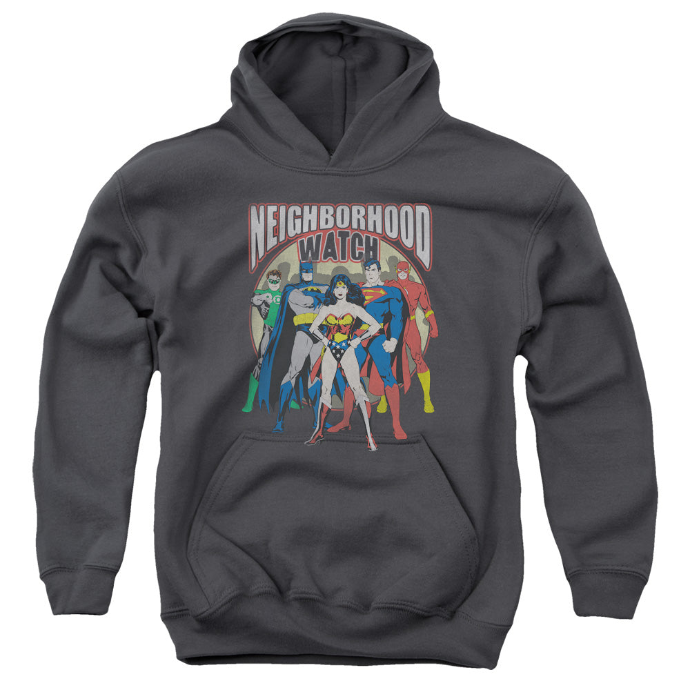 Justice League Neighborhood Watch Kids Youth Hoodie Charcoal Officially Licensed