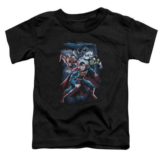 Justice League Coic Crew Toddler Kids Youth T Shirt Black Officially Licensed