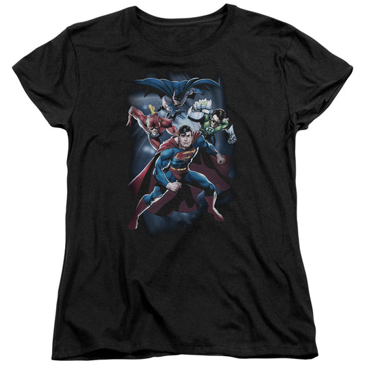 Justice League Coic Crew Womens T Shirt Black Officially Licensed