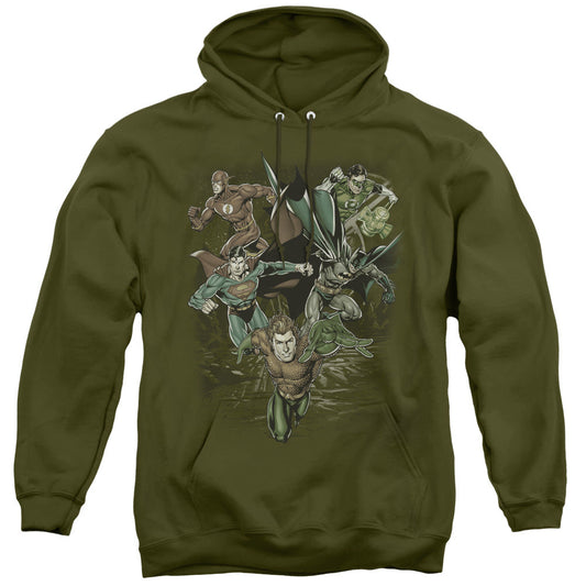 Justice League Spacing Out Mens Hoodie Military Green Officially Licensed