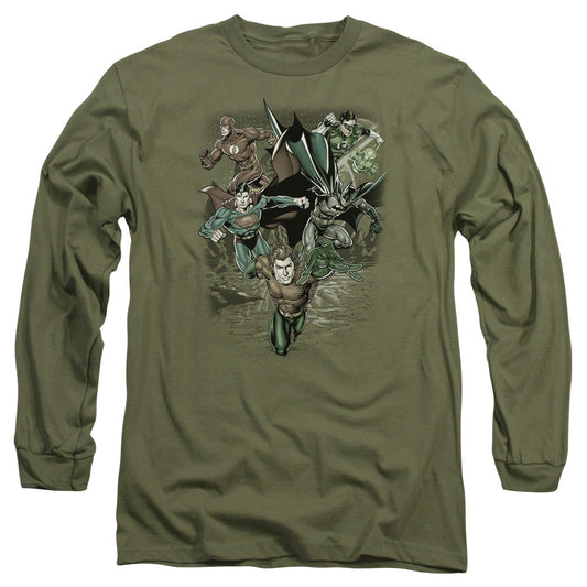 Justice League Spacing Out Mens Long Sleeve Shirt Military Green Officially Licensed