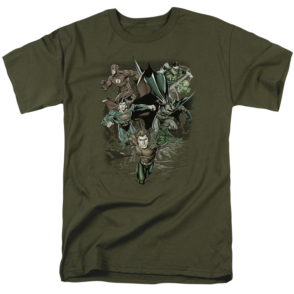 Justice League Of America Spacing Out Mens T Shirt Military Green Officially Licensed