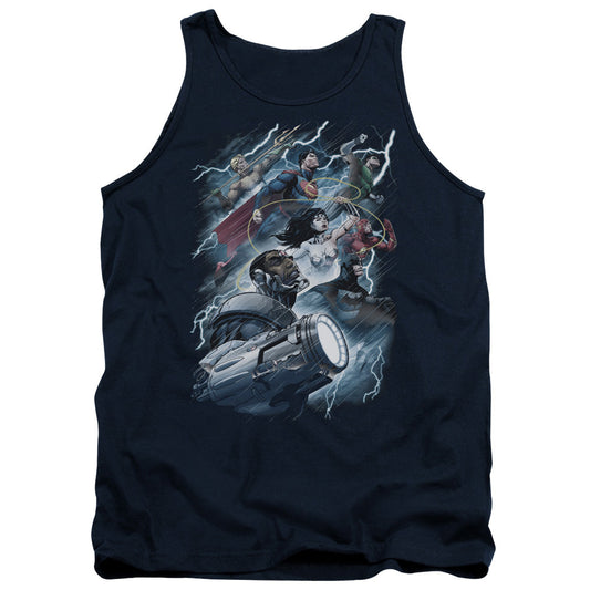 Justice League Ride the Lightening Mens Tank Top Shirt Navy Blue Blue Officially Licensed