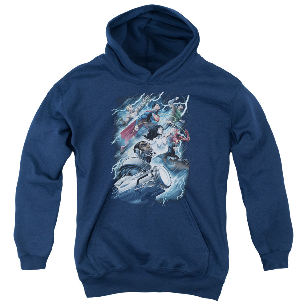 Justice League Ride the Lightening Kids Youth Hoodie Navy Blue Blue Officially Licensed