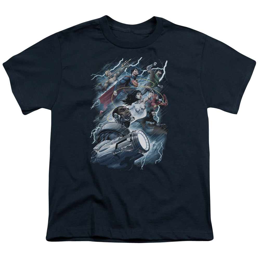 Justice League Ride the Lightening Kids Youth T Shirt Navy Blue Blue Officially Licensed