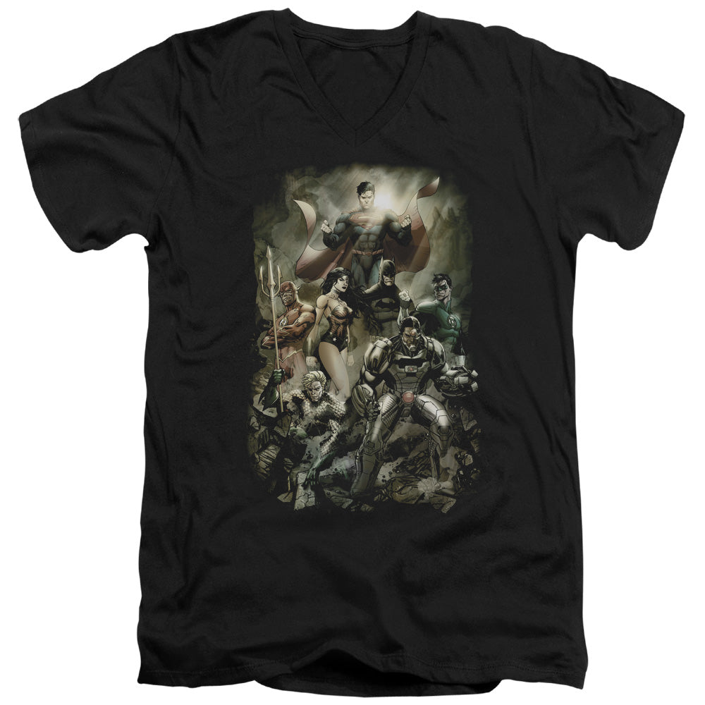 Justice League Aftermath Mens Slim Fit V-Neck T Shirt Black Officially Licensed