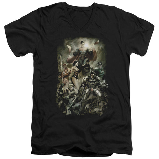Justice League Aftermath Mens Slim Fit V-Neck T Shirt Black Officially Licensed