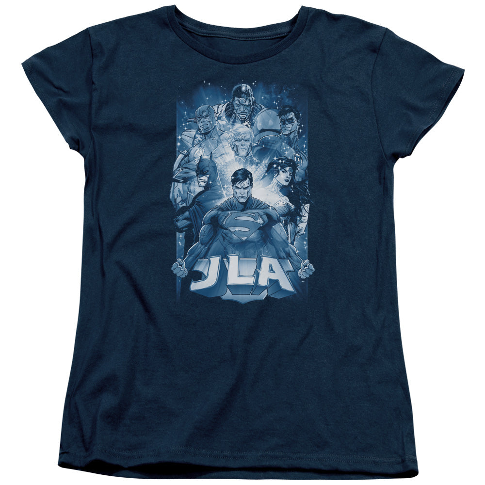 Justice League Burst Womens T Shirt Navy Blue Blue Officially Licensed